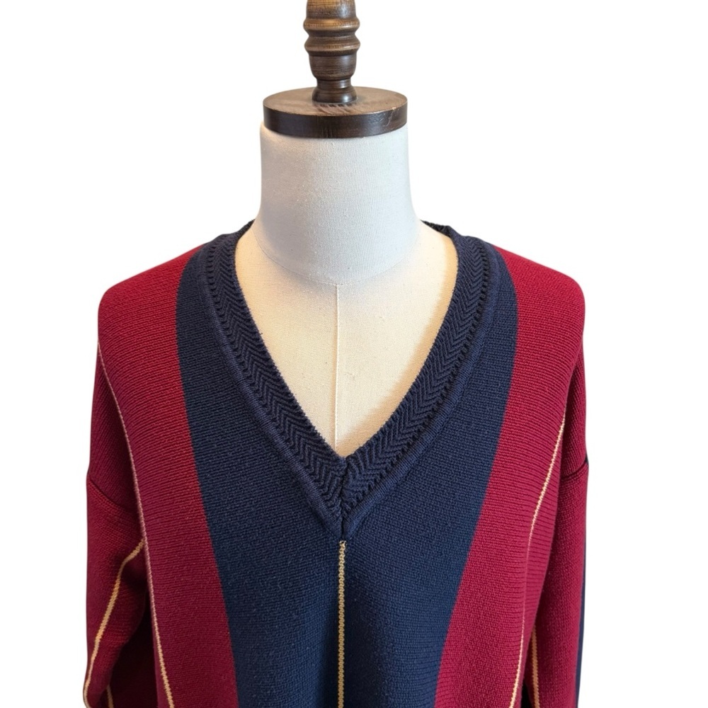Vintage 90s Color Block Sweater Size XL Striped Navy Red V-neck Preppy Rugby - Picture 2 of 9